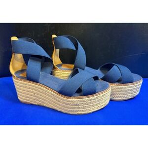 Tory Burch Frieda Navy Blue Espadrille Wedge Sandals Women Size *